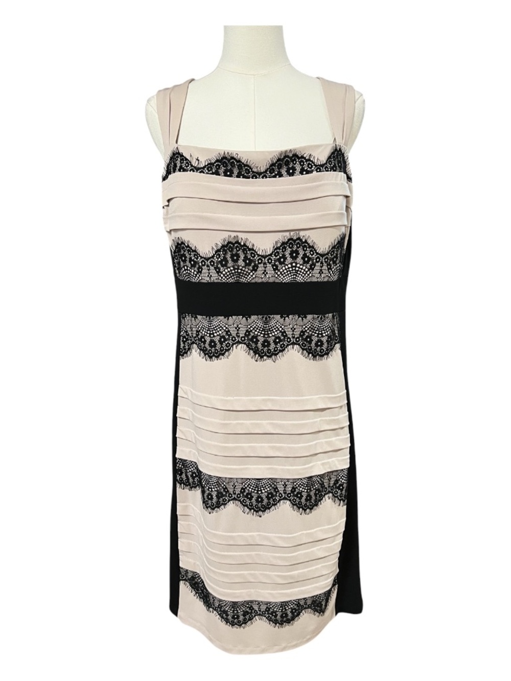 EUC Jax Beige Black Eyelash Lace Bandage Sheath Dress Hidden Zipper | Size 14